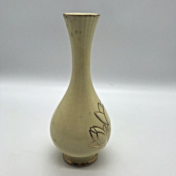 Vintage Golden Aero Warranted 22 K Gold Pale Yellow Lotus Flower Flute Bud Vase - Picture 4 of 10